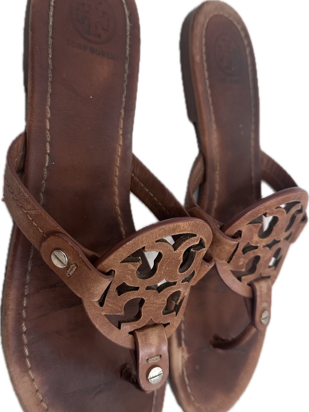Tory Burch Brown Leather Logo Thong Sandals - Picture 3 of 9